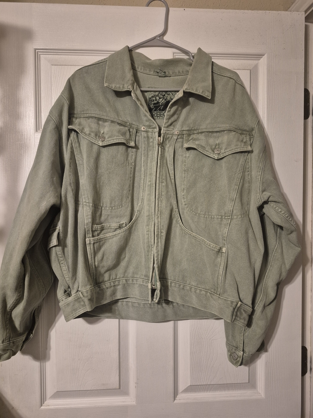 Vintage Olive Green Utility Jacket with Zip Front Freego Oversized